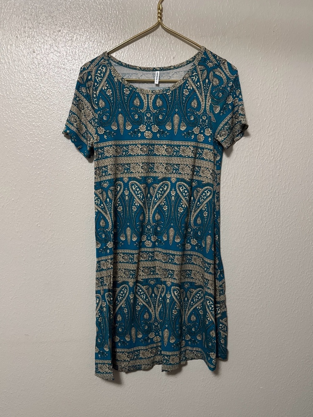 Popyoung Medium Teal & Cream Paisley Short Sleeve Casual Dress